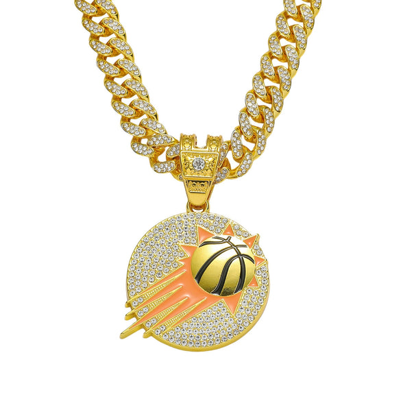 Basketball Logo Pendant Necklace Hiphop Style Alloy Cuban Chain Electroplated