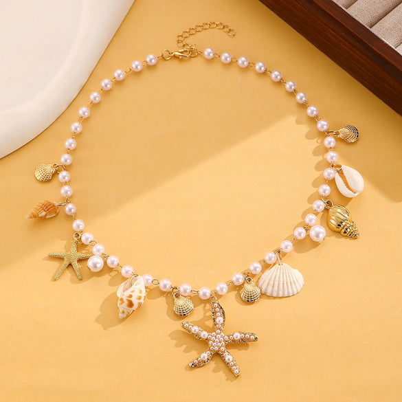 Beach Necklace Pendant Alloy Ccb Electroplating Animal Zodiac Starfish Conch Shell Imitation Pearl Beads For Women