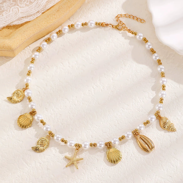 Beach Necklace Pendant Alloy Ccb Electroplating Animal Zodiac Starfish Conch Shell Imitation Pearl Beads For Women
