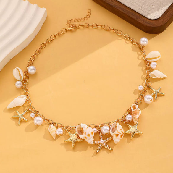 Beach Necklace Pendant Alloy Ccb Electroplating Animal Zodiac Starfish Conch Shell Imitation Pearl Beads For Women