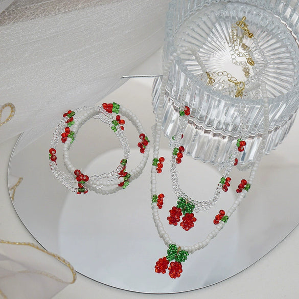 Beaded Cherry Flower Crystal Woven Necklace And Bracelet For Women With Fruit Pattern