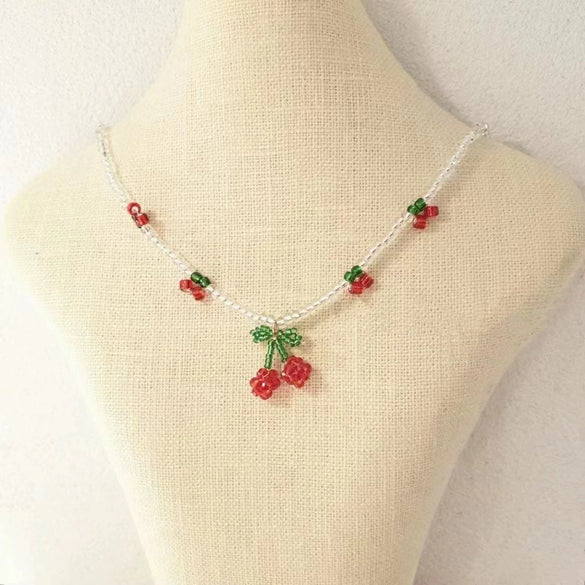 Beaded Cherry Flower Crystal Woven Necklace And Bracelet For Women With Fruit Pattern