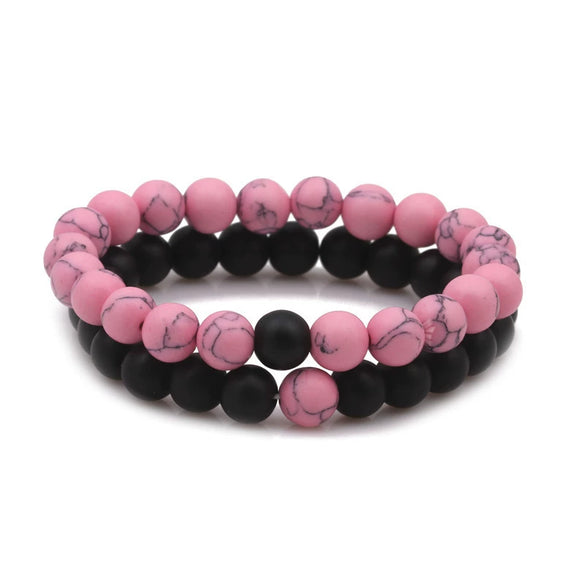 Beaded Couple Bracelet Rhodolite Pink Turquoise Handmade Flower Pattern