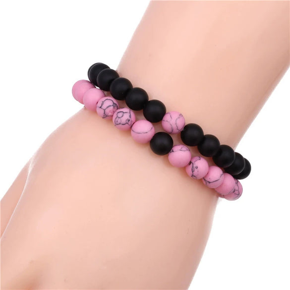 Beaded Couple Bracelet Rhodolite Pink Turquoise Handmade Flower Pattern
