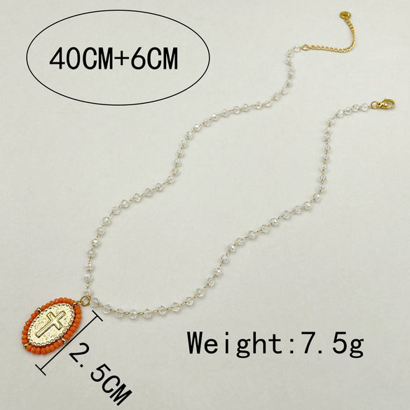 Beaded Cross Totem Pendant Stainless Steel Necklace Women's Jewelry Electroplated