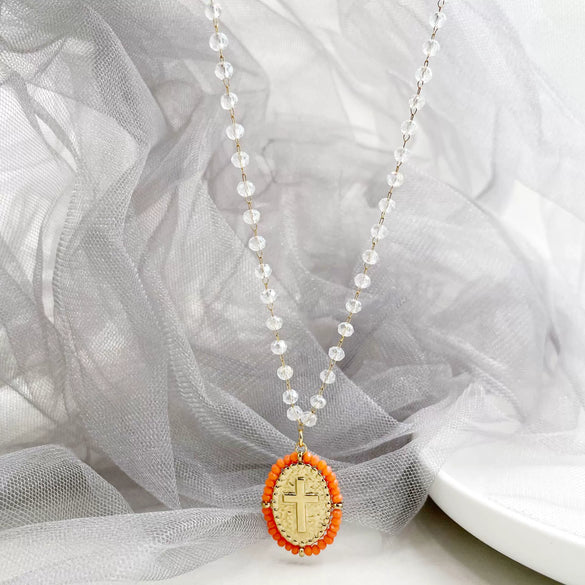 Beaded Cross Totem Pendant Stainless Steel Necklace Women's Jewelry Electroplated