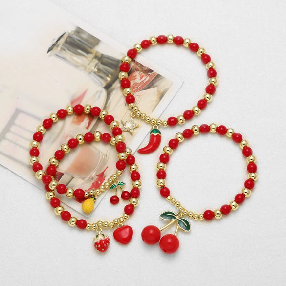 Beaded Fruit Cherry Love Bracelet Copper Electroplated For Women