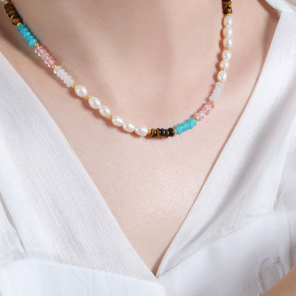 Beaded Handmade Natural Stone Necklace And Bracelet With Geometric Style