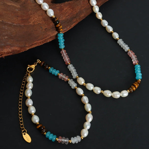 Beaded Handmade Natural Stone Necklace And Bracelet With Geometric Style