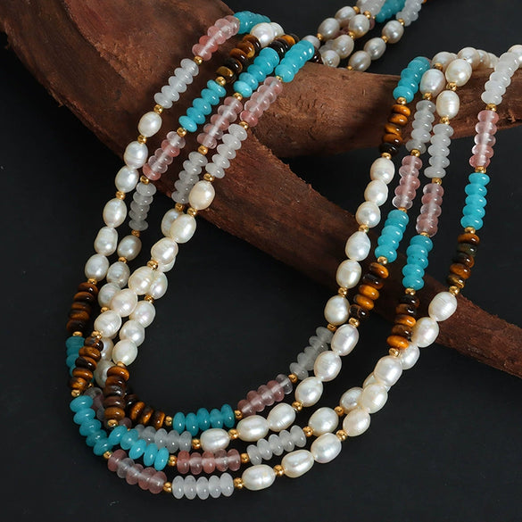 Beaded Handmade Natural Stone Necklace And Bracelet With Geometric Style