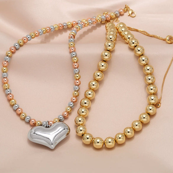 Beaded Heart Necklace Copper Gold Plated Hip Hop Clavicle Chain