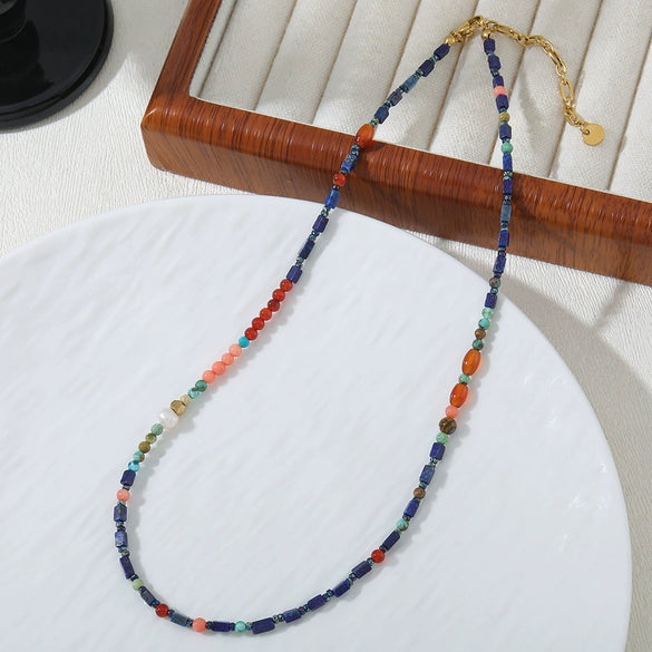 Beaded Necklace Lapis Lazuli Red Agate Stainless Steel Geometric Handmade For Women