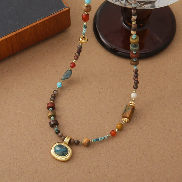 Beaded Necklace Natural Stone Geometric Vintage Handmade Women's