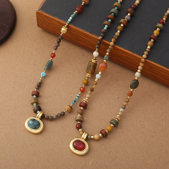 Beaded Necklace Natural Stone Geometric Vintage Handmade Women's