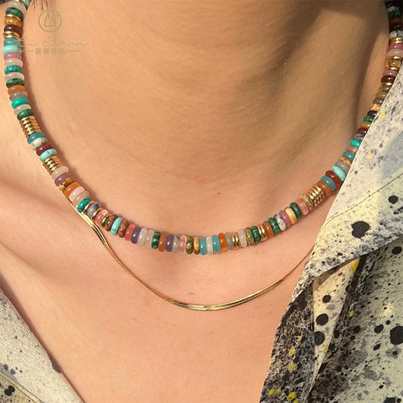 Beaded Necklace Natural Stone Stainless Steel Geometric Handmade Bohemian Light Luxury Clavicle Chain Unisex
