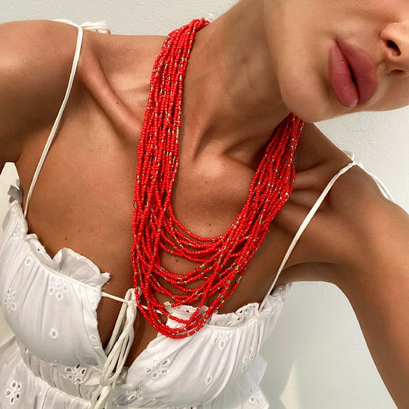 Beaded Necklace Rice Beads Geometric Handmade Exaggerated Stylish Multilayer Women's