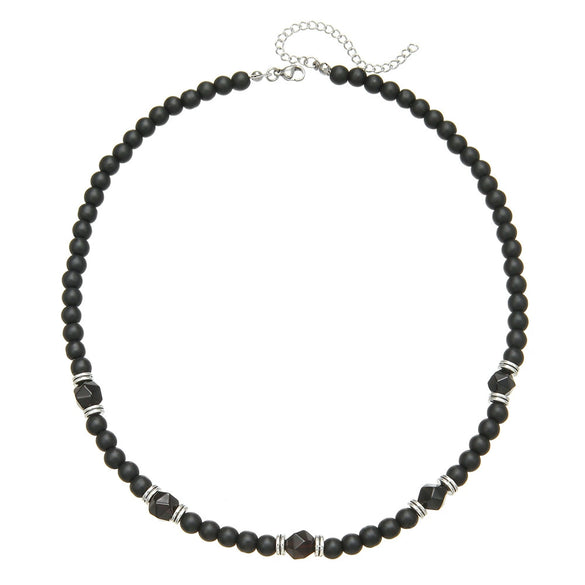 Beaded Necklace Stainless Steel Black Frosted Faceted Black Agate Hiphop Punk Handmade Unisex