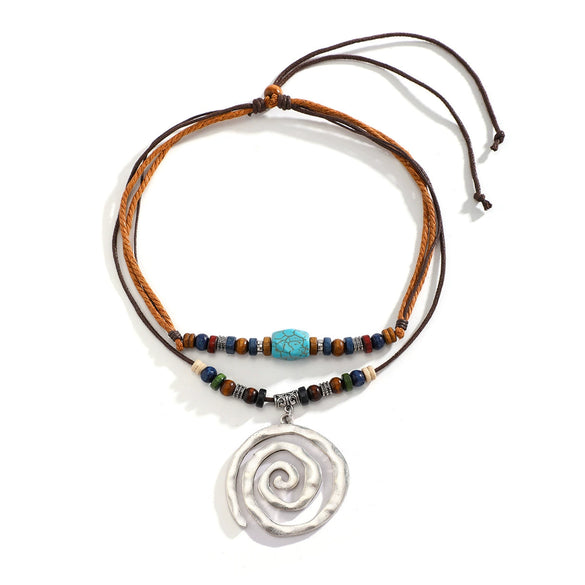 Beaded Necklace Women's Vintage Turquoise Alloy Pendant With Leaf Pattern And Electroplating Treatment