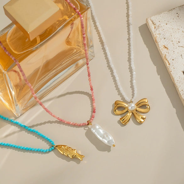 Beaded Simple Fashionable Matching Starfish Turtle Bow Fish Pearl Necklace For Girls Handmade With Electroplating Stainless Steel Material In Animal Zodiac Shape