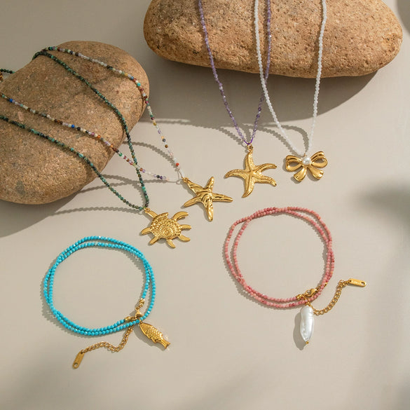 Beaded Simple Fashionable Matching Starfish Turtle Bow Fish Pearl Necklace For Girls Handmade With Electroplating Stainless Steel Material In Animal Zodiac Shape