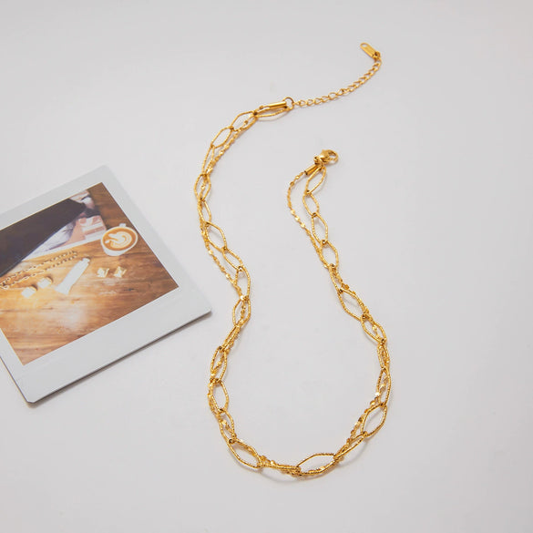 Beaded Stainless Steel Geometric Hollow Hammer Pattern Electroplating Necklace For Women