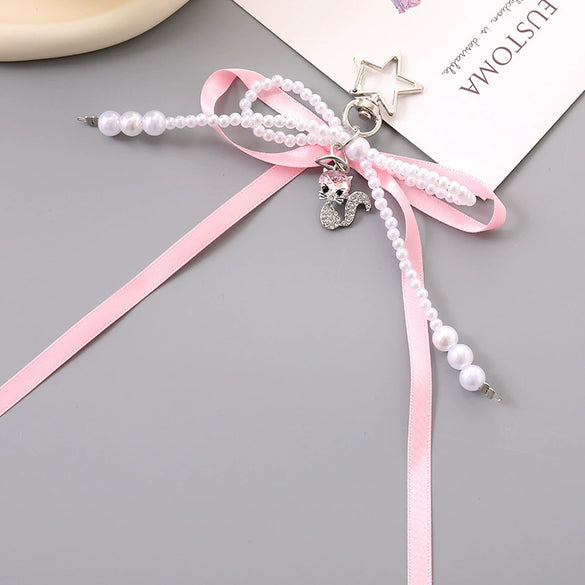 Beads Pearl Ribbon Bow Keychain Pendant Jewelry Purely Handmade