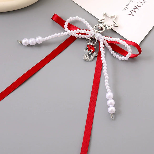 Beads Pearl Ribbon Bow Keychain Pendant Jewelry Purely Handmade