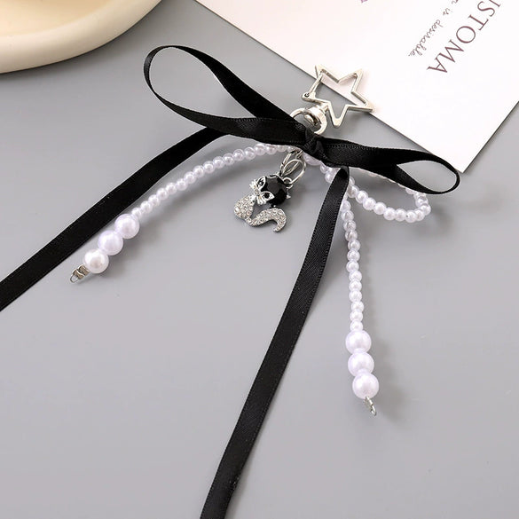 Beads Pearl Ribbon Bow Keychain Pendant Jewelry Purely Handmade