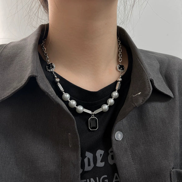 Bear Double Layer Titanium Steel Necklace Hip Hop Geometric Pendant Sweater Chain For Women And Men