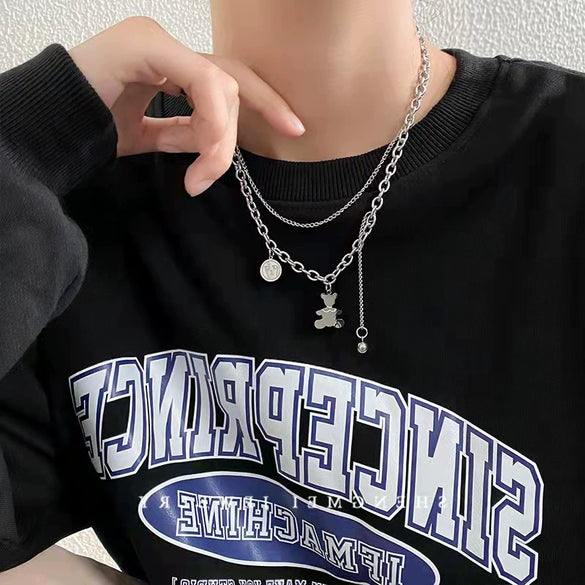 Bear Double Layer Titanium Steel Necklace Hip Hop Geometric Pendant Sweater Chain For Women And Men