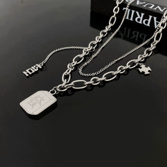 Bear Double Layer Titanium Steel Necklace Hip Hop Geometric Pendant Sweater Chain For Women And Men