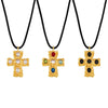 Beat Patterned Glass And Titanium Steel Cross Necklace With Black Rope 18K Gold Plated Pvd Finish