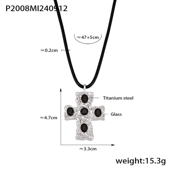 Beat Patterned Glass And Titanium Steel Cross Necklace With Black Rope 18K Gold Plated Pvd Finish