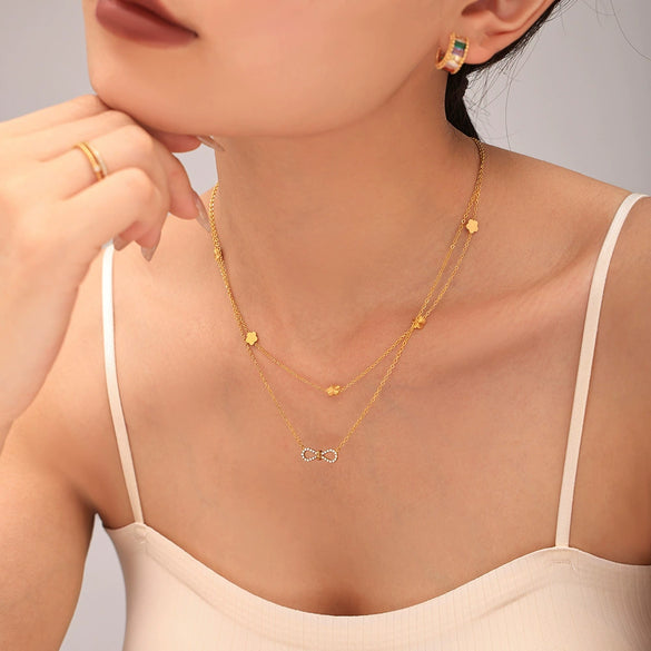 Beautiful Niche Double Clavicle Necklace Bracelet Set Stainless Steel With Zircon Pvd Electroplating For Women Literary Style