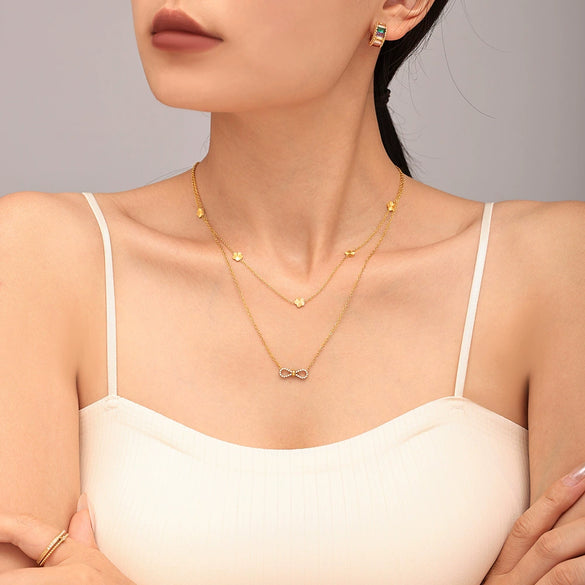 Beautiful Niche Double Clavicle Necklace Bracelet Set Stainless Steel With Zircon Pvd Electroplating For Women Literary Style