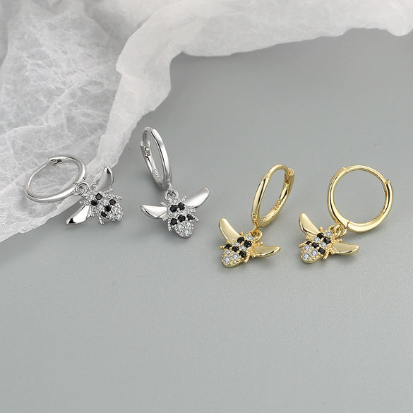 Bee Shaped Zircon Inlaid 925 Sterling Silver Earrings With Electroplated Geometric Design Fashion Jewelry