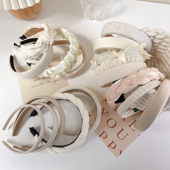 Beige Cream Cloth Handmade Wide Edge Headband