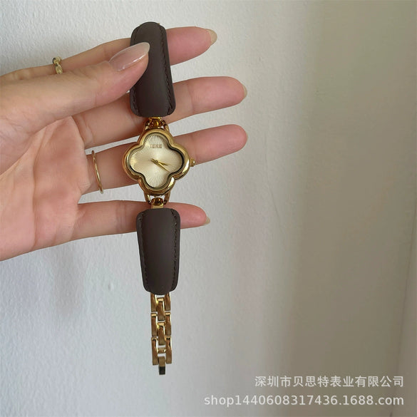 Belt Bracelet Watch Women Medieval Style Alloy Stainless Steel Four Leaf Clover Flower Shape