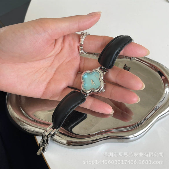 Belt Bracelet Watch Women Medieval Style Alloy Stainless Steel Four Leaf Clover Flower Shape