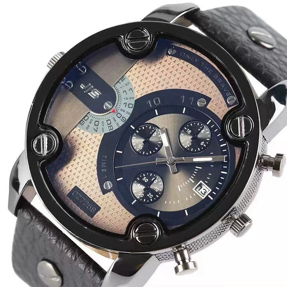 Belt Watch Alloy Leather Stainless Steel Round Dial Military Business Style