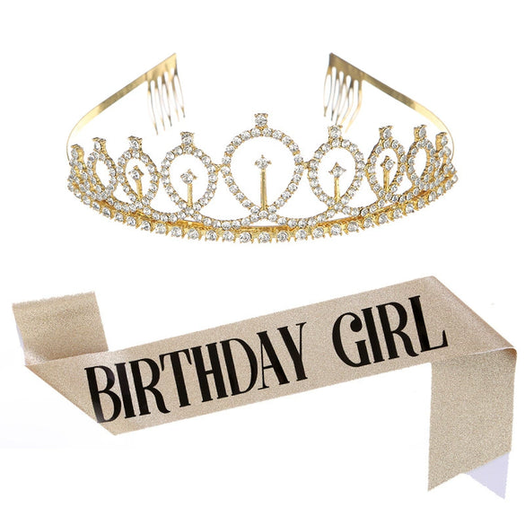 Birthday Crown Shoulder Strap Set Alloy Gold Powder Electroplating Simple Geometric Style For Girls