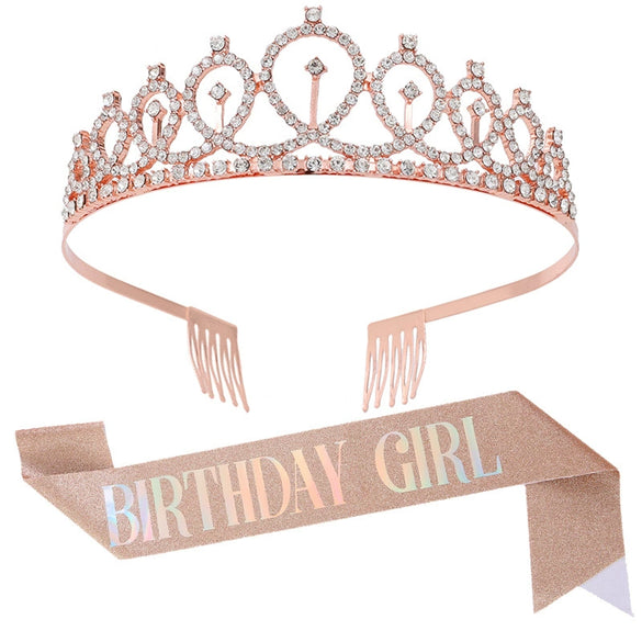 Birthday Crown Shoulder Strap Set Alloy Gold Powder Electroplating Simple Geometric Style For Girls