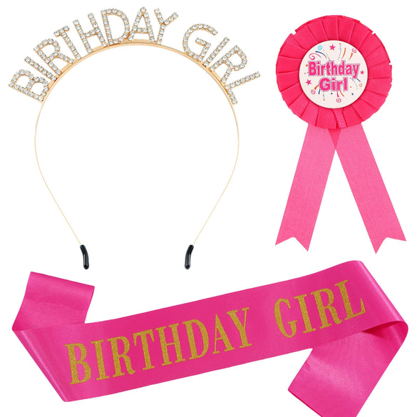 Birthday Girl Headband Shoulder Strap Badge 3Piece Set Alloy Semimanual And Semimechanical Party Decoration Accessories