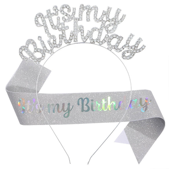 Birthday Hair Band Shoulder Belt Courtesy Belt Set Women's Headwear Hair Accessories Alloy Satin Glitter Cloth Electroplating Oil Dripping Hot Stamping