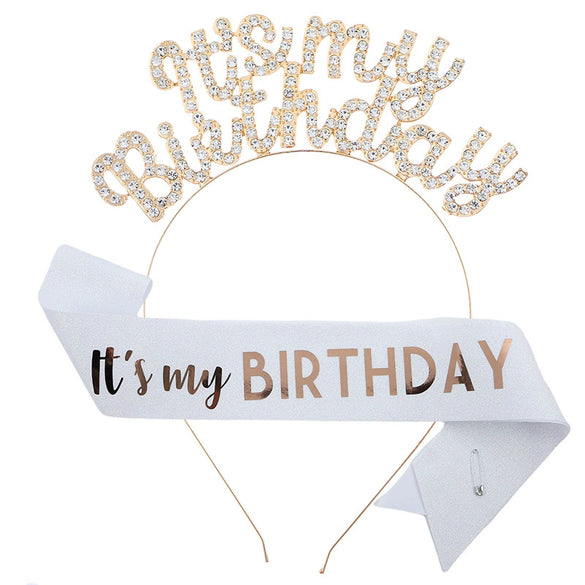 Birthday Hair Band Shoulder Belt Courtesy Belt Set Women's Headwear Hair Accessories Alloy Satin Glitter Cloth Electroplating Oil Dripping Hot Stamping