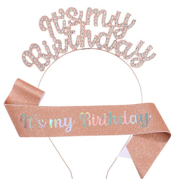 Birthday Hair Band Shoulder Belt Courtesy Belt Set Women's Headwear Hair Accessories Alloy Satin Glitter Cloth Electroplating Oil Dripping Hot Stamping
