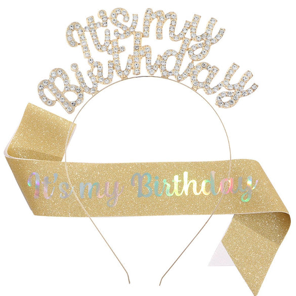 Birthday Hair Band Shoulder Belt Courtesy Belt Set Women's Headwear Hair Accessories Alloy Satin Glitter Cloth Electroplating Oil Dripping Hot Stamping