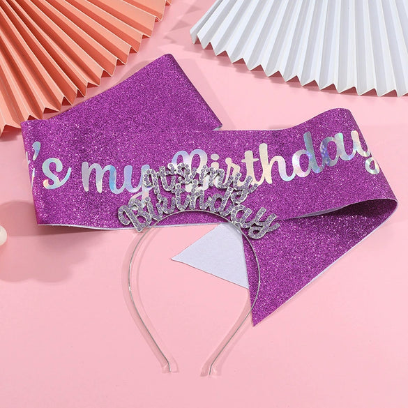 Birthday Hair Band Shoulder Belt Courtesy Belt Set Women's Headwear Hair Accessories Alloy Satin Glitter Cloth Electroplating Oil Dripping Hot Stamping