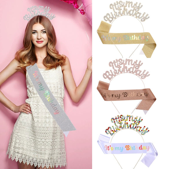 Birthday Hair Band Shoulder Belt Courtesy Belt Set Women's Headwear Hair Accessories Alloy Satin Glitter Cloth Electroplating Oil Dripping Hot Stamping