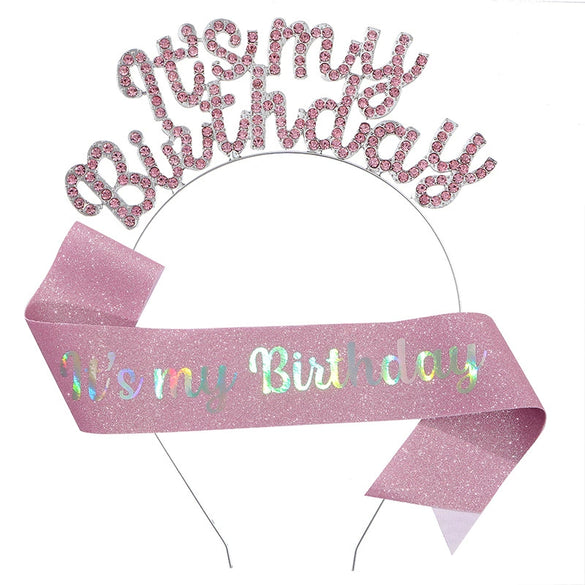 Birthday Hair Band Shoulder Belt Courtesy Belt Set Women's Headwear Hair Accessories Alloy Satin Glitter Cloth Electroplating Oil Dripping Hot Stamping